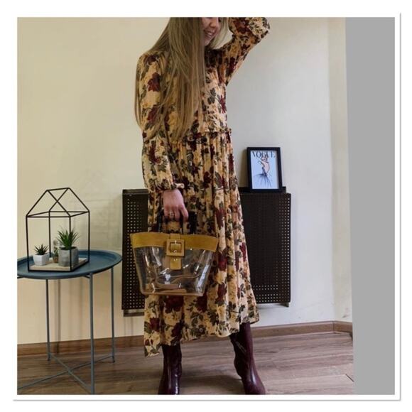 Zara Brown Floral Printed Bloggers Favorite Midi Dress Sz.S NWT - Picture 3 of 16